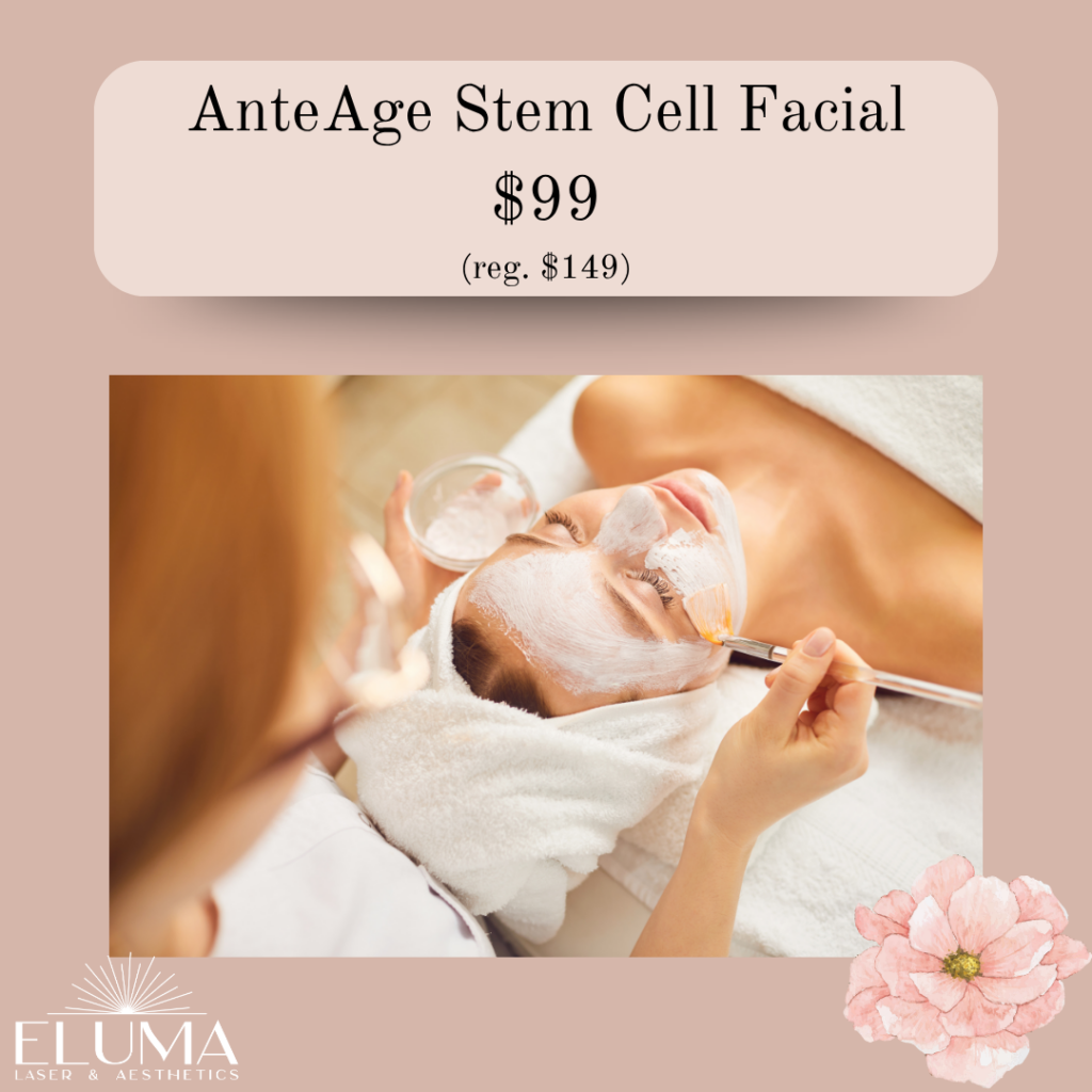 facial - Eluma - Laser & Aesthetics Promotional banner for AnteAge Stem Cell Facial $99 at ELUMA Laser & Aesthetics, showing a client with a facial mask while a practitioner applies product with a brush.