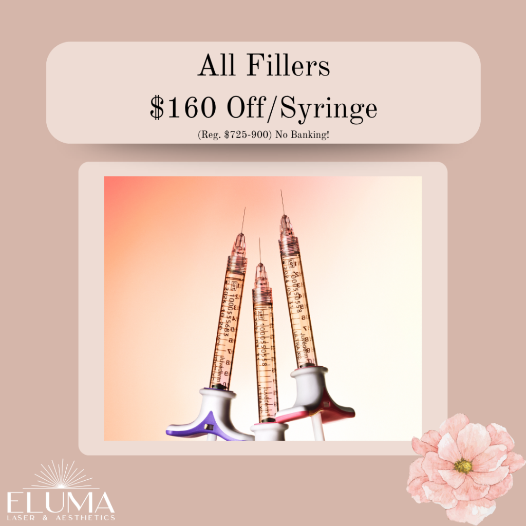 fillers - Eluma - Laser & Aesthetics Promotional banner for All Fillers: $160 off per syringe; peach gradient background with three syringes; ELUMA logo bottom left and a pink flower corner.
