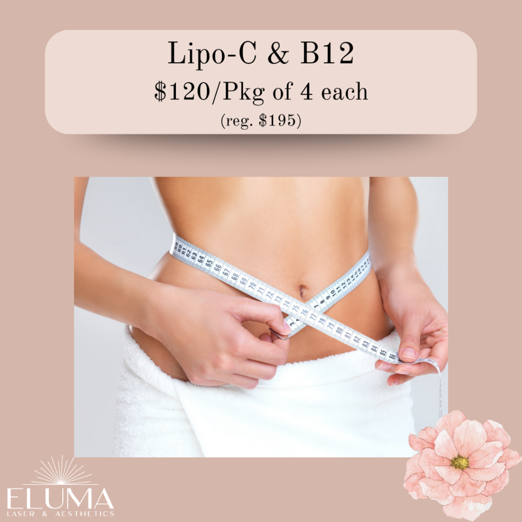 lipo c b12 - Eluma - Laser & Aesthetics Promo image for Lipo-C & B12: $120 for a 4-pack (regularly $195); person measuring their waist with a tape measure in a towel, pink background.