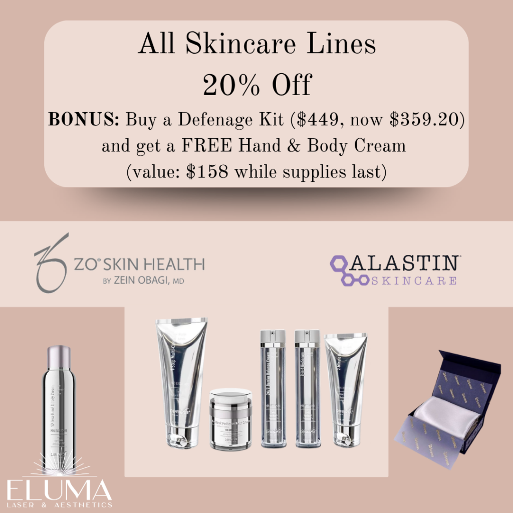 skincare - Eluma - Laser & Aesthetics Promo banner: 'All Skincare Lines 20% Off' with a Defense Kit bonus offer; Zo Skin Health and Alastin Skincare logos and product lineup on a beige background with a gift box image nearby.