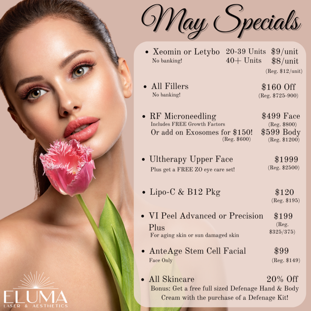 specials flyer 1 - Eluma - Laser & Aesthetics Promotional May Specials flyer for Eluma Laser & Aesthetics showing a close-up of a woman with a pink tulip and a beige promo panel listing discounts on cosmetic treatments.