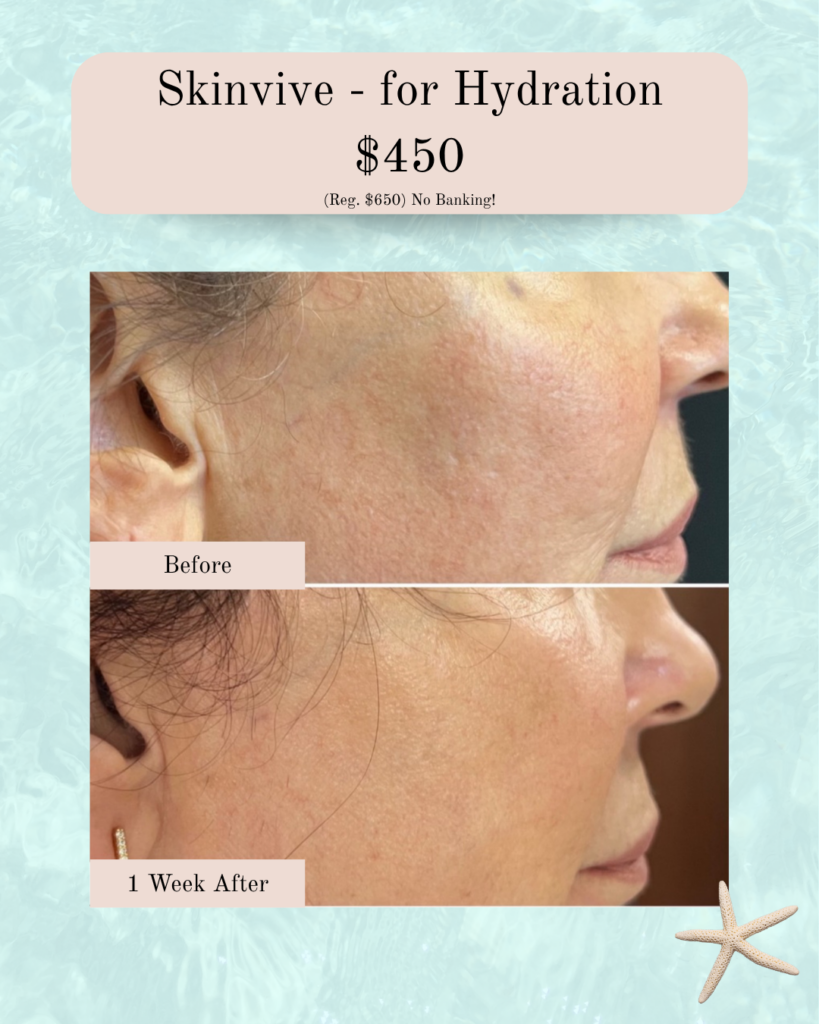 Advertisement for Skinvive hydration showing before and 1-week-after photos of a woman's cheek with improved texture.