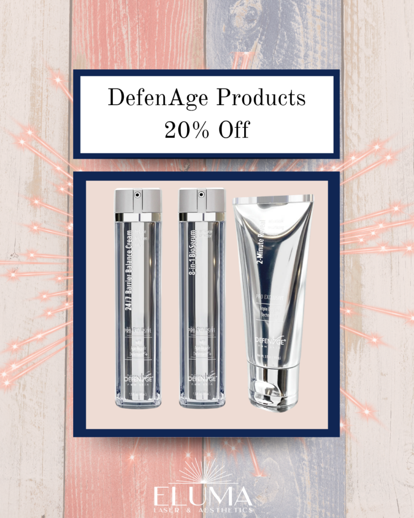 Promo image for DefenAge skincare with '20% Off' text, showing two tall serum bottles and a silver tube; ELUMA logo at bottom.