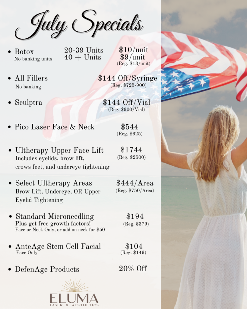 July specials flyer for Eluma Laser & Aesthetics; lists services and prices in a two-column layout with a US flag backdrop and a woman at the beach.