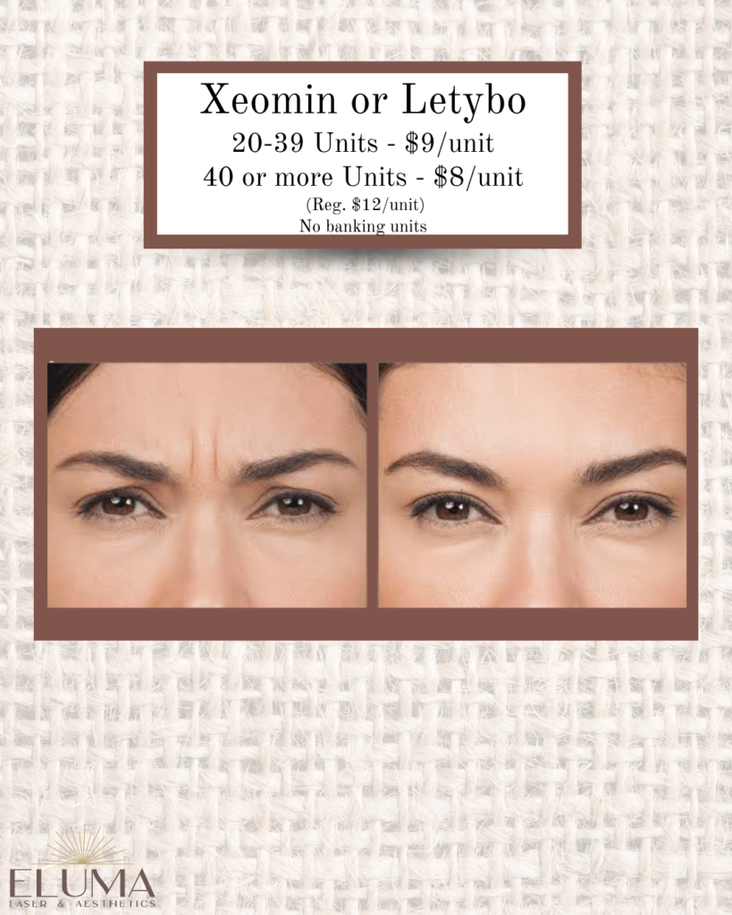 xeomin 2 - Eluma - Laser & Aesthetics Ad for Xeomin/Letibo injections; before-and-after forehead wrinkle treatment with pricing: 20–39 units $9, 40+ units $8; ELUMA logo.