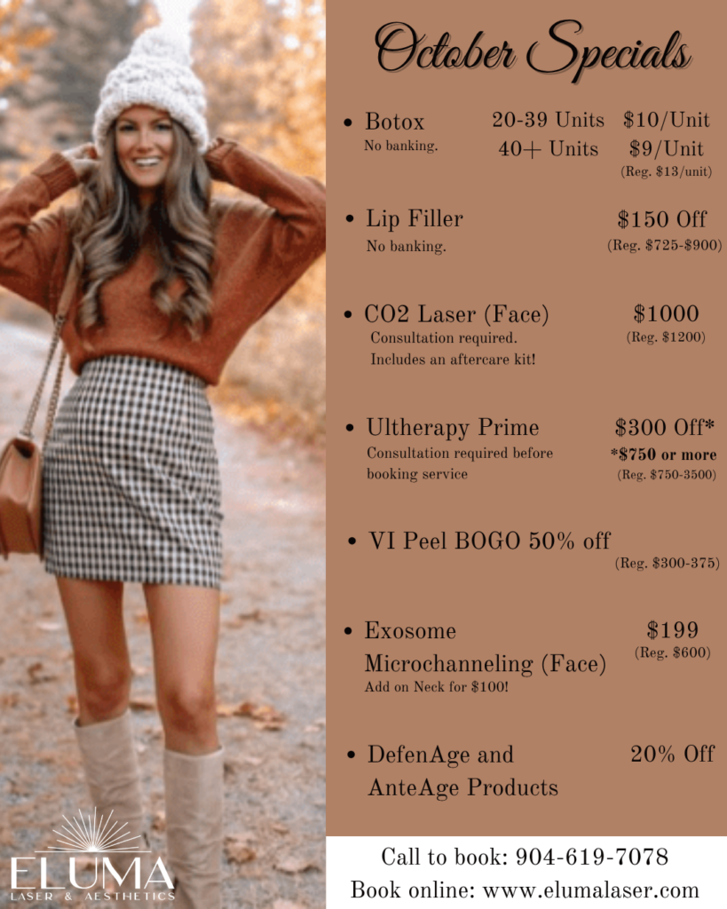 Woman in a knit hat and warm brown outfit walking on an autumn path, with a tan “October Specials” flyer on the right listing services and prices in black text.