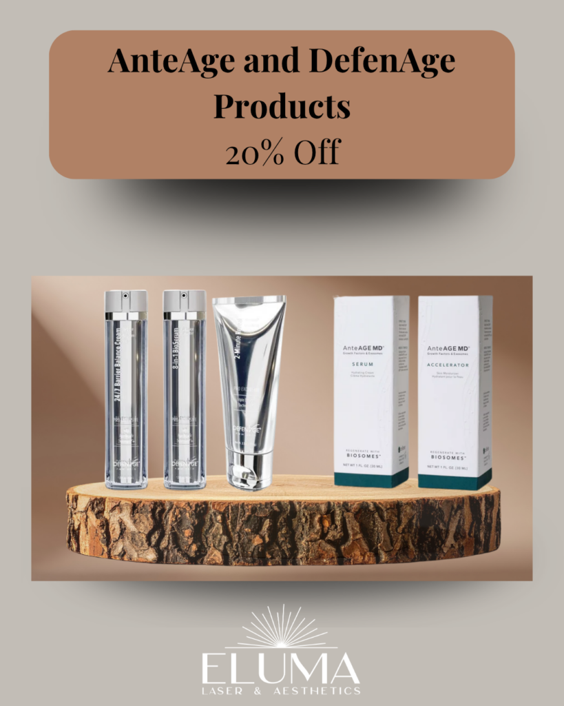 Advertisement banner for AnteAge and DefenAge skincare with 20% off; row of silver bottles and white boxes displayed on a wooden platform, ELUMA logo beneath.